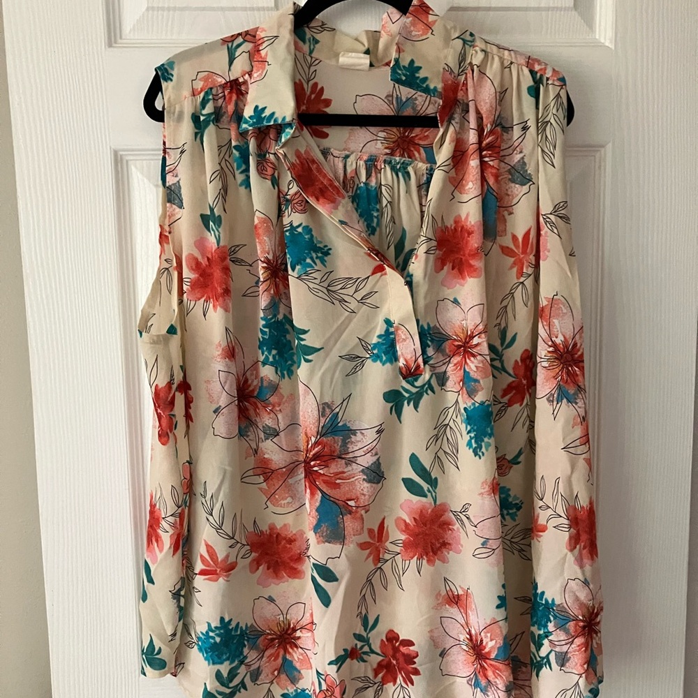 Sleeveless Cream Floral Blouse with Coral & Teal Print